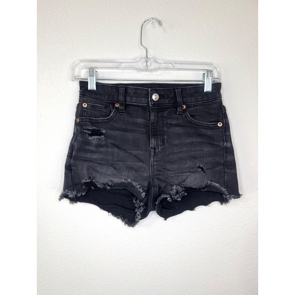 American Eagle High-Rise Shortie Black Distressed Denim Shorts Size 0